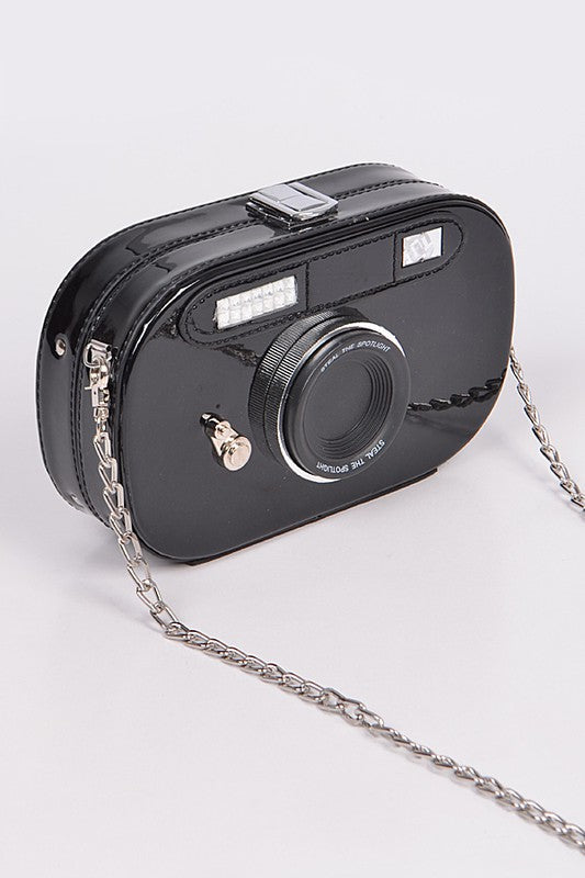 Metallic Oval Camera Iconic Swing Clutch Bag