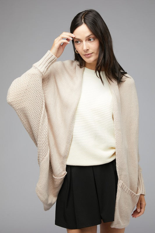 Pattern Knit Dolman Sleeve Solid Slouch Cardigan