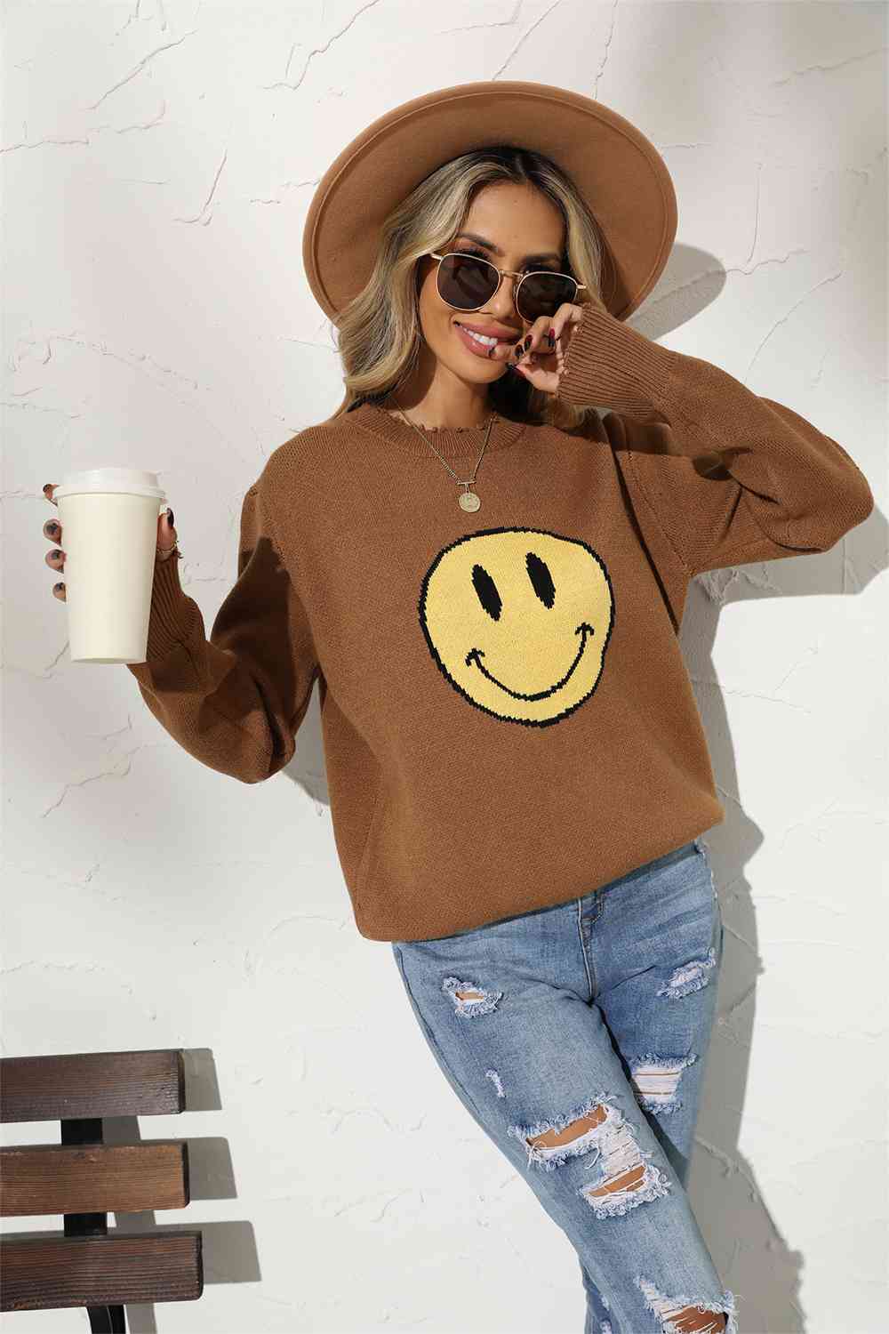 Round Neck Long Sleeve Smiley Face Graphic Sweater