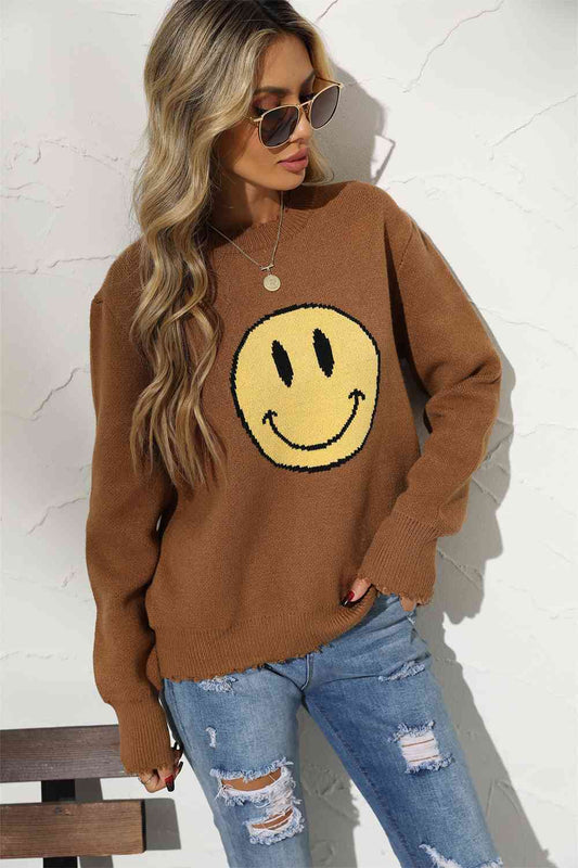 Round Neck Long Sleeve Smiley Face Graphic Sweater