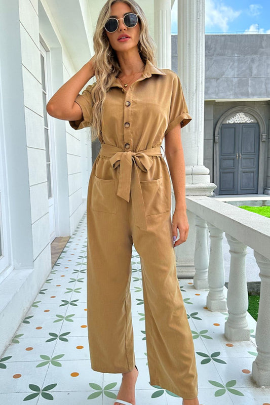 Tie Belt Buttoned Short Sleeve Collared Neck Jumpsuit