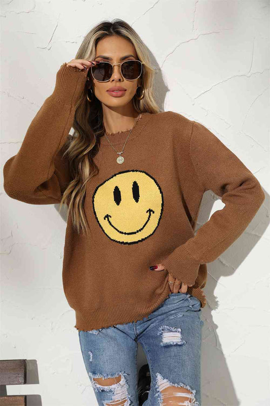 Round Neck Long Sleeve Smiley Face Graphic Sweater