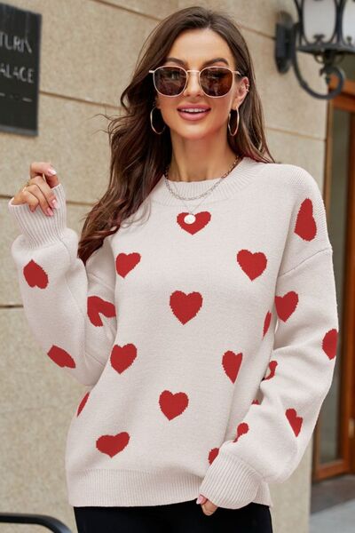 Woven Right Heart Pattern Lantern Sleeve Round Neck Tunic Sweater