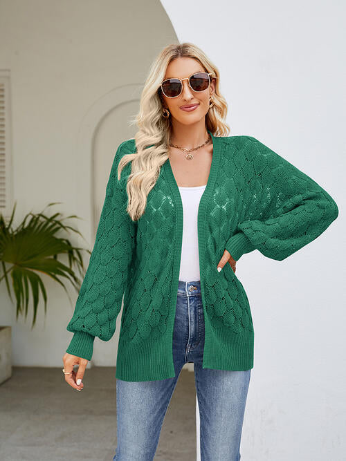 Openwork Open Front Lantern Sleeve Cardigan