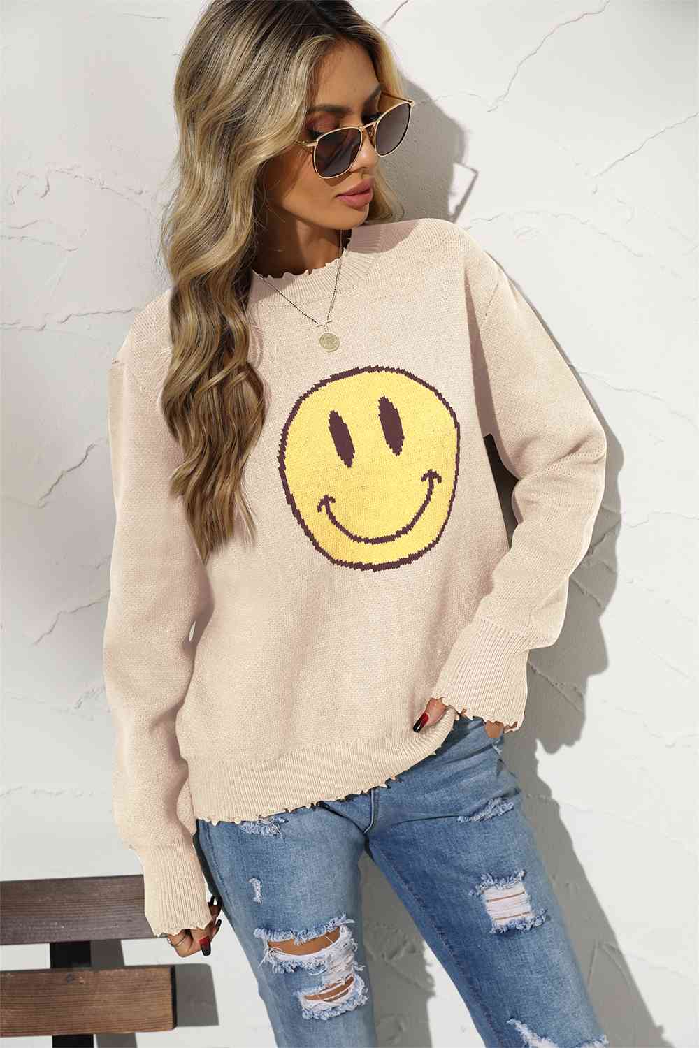 Round Neck Long Sleeve Smiley Face Graphic Sweater