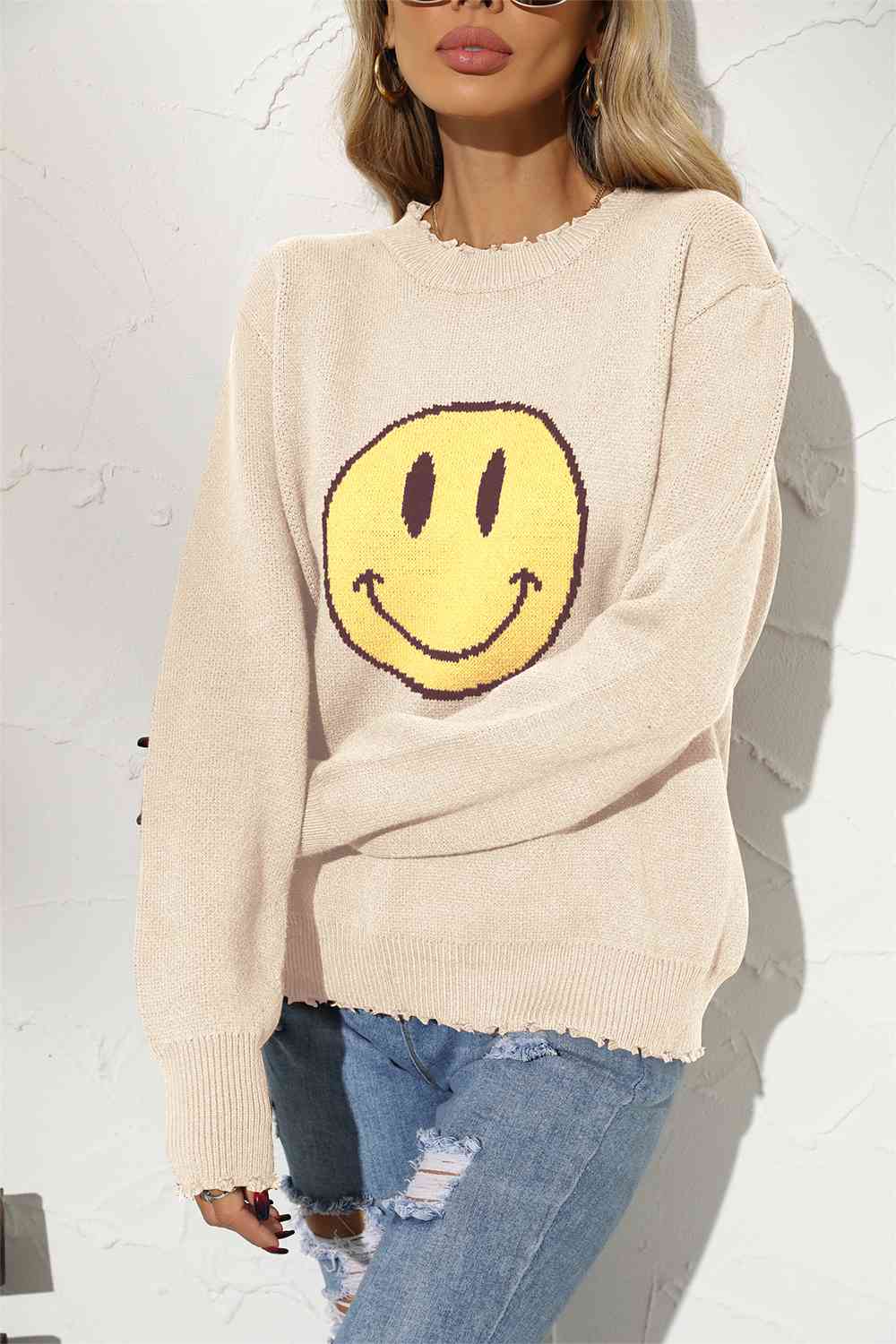 Round Neck Long Sleeve Smiley Face Graphic Sweater