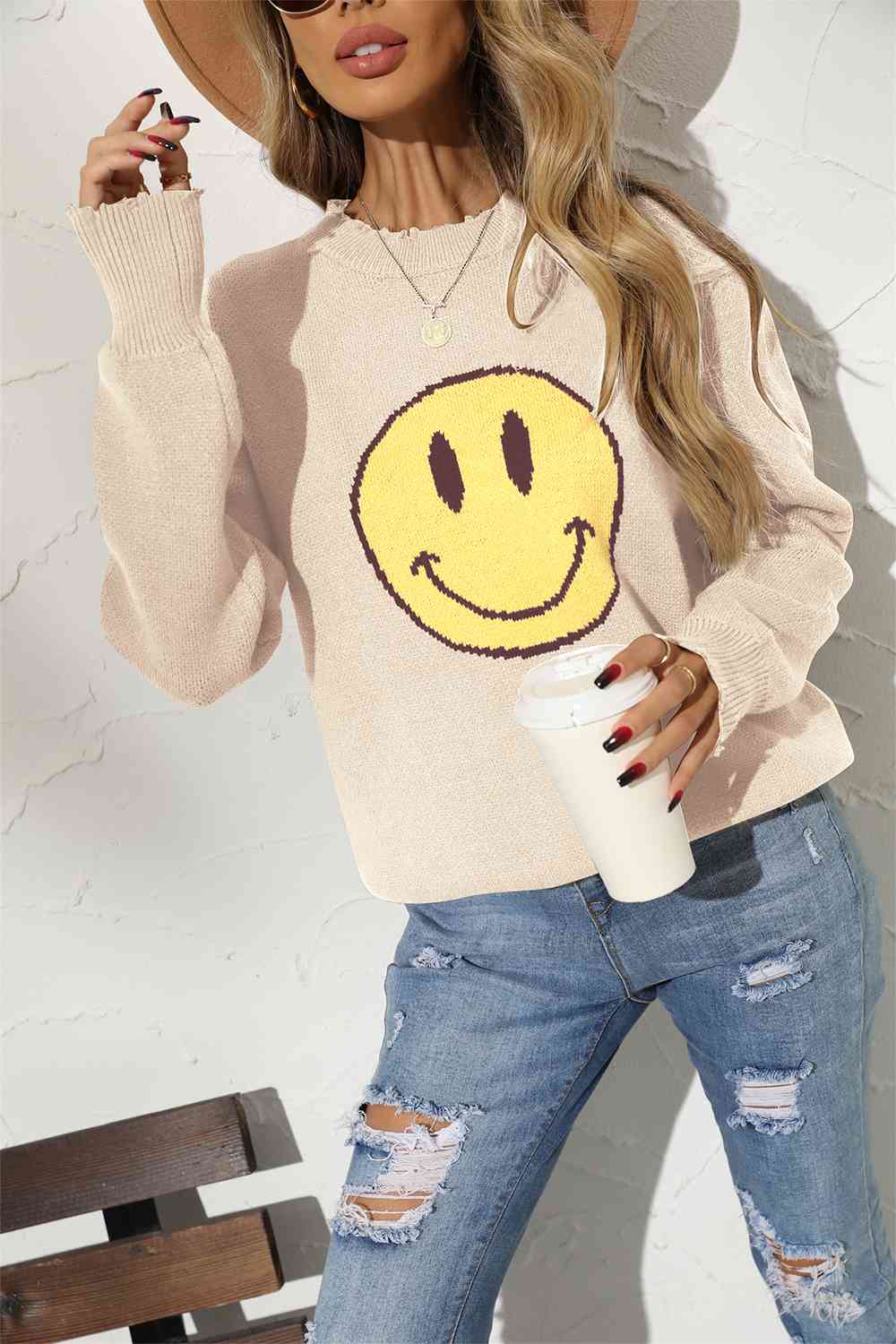 Round Neck Long Sleeve Smiley Face Graphic Sweater